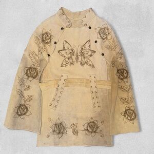 VTG Mexican Split Leather/ Suede Hand-Engraved Poncho/Cape Floral Boho Artisan